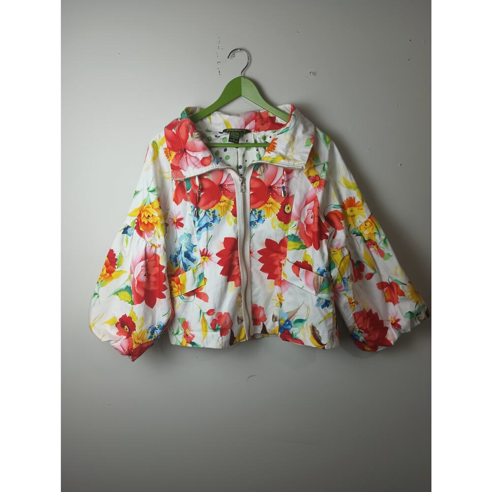Monte Milano Women's Floral Print Jacket Full Zip Closure Poof Sleeves XL